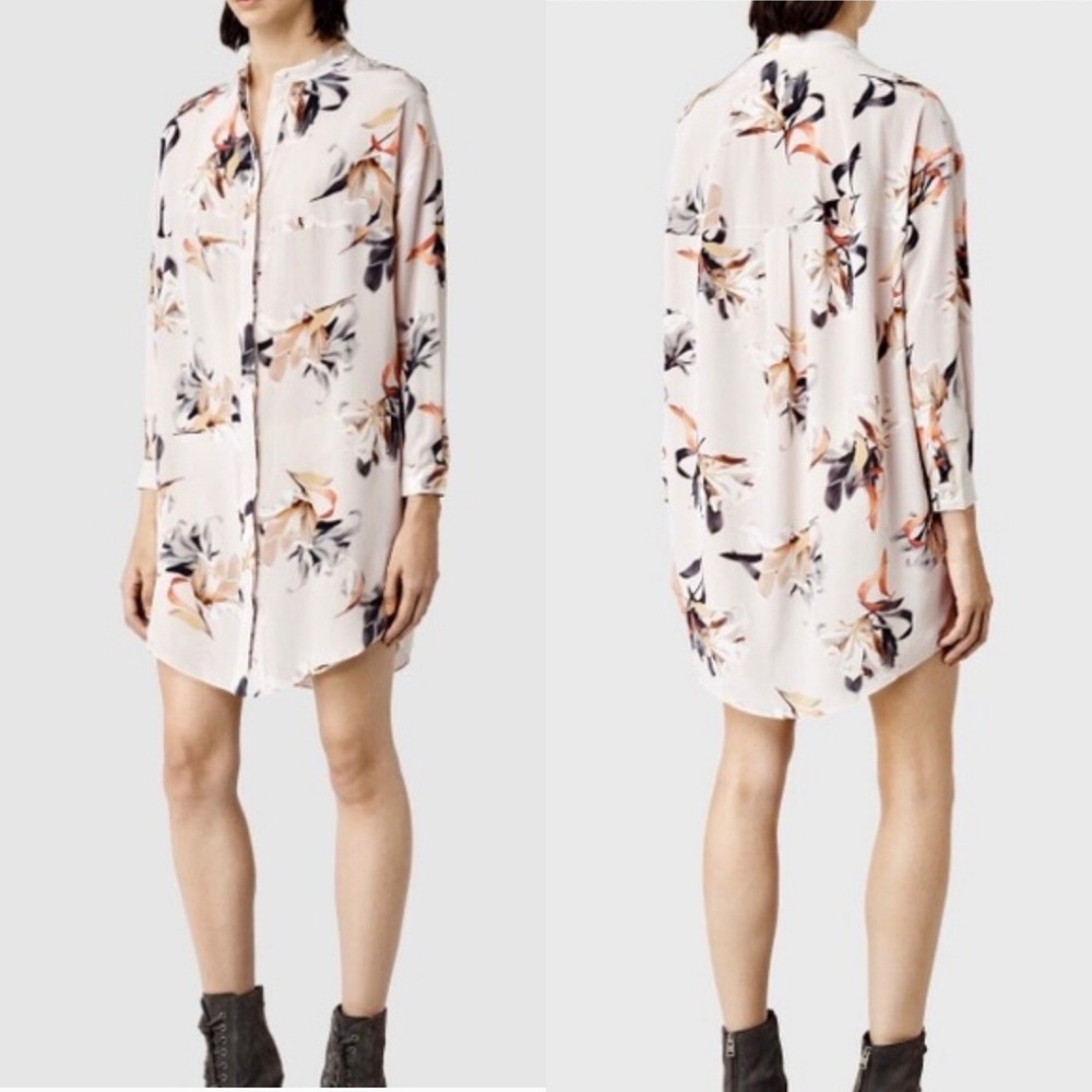 All Saints Helle Yoro Floral Print Silk Shirt Dress